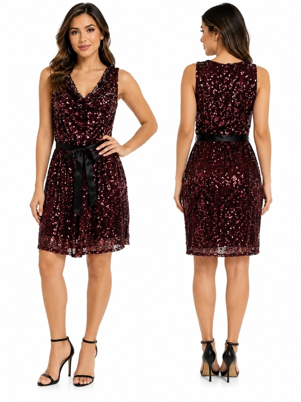 Apt. 9 Burgundy Sequin Cowl Neck Mini Dress with Black Satin Tie